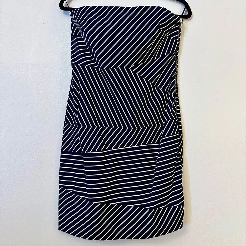 Cynthia Steffe Striped Gold Zipper Strapless Sheath Dress Dark Navy White Size 6